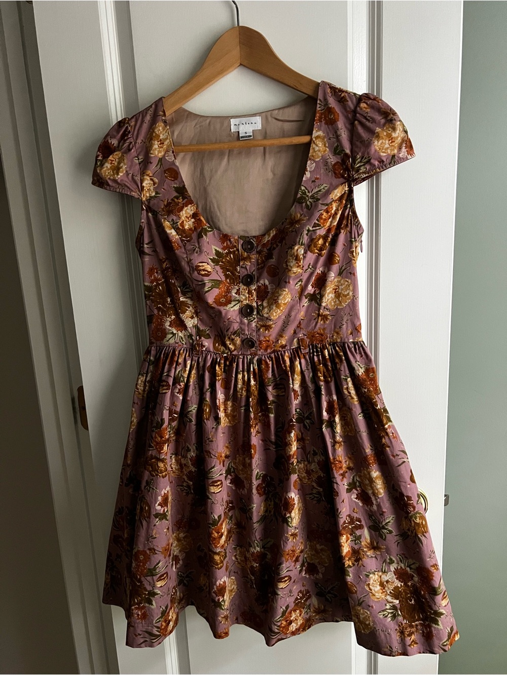 Monteau Mauve Floral Print Fit and Flare Dress with Cap Sleeves Size S